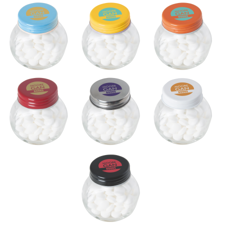 Bonbonglas mini mit ca. 40 g Pfefferminzbonbons, farbiger Deckel