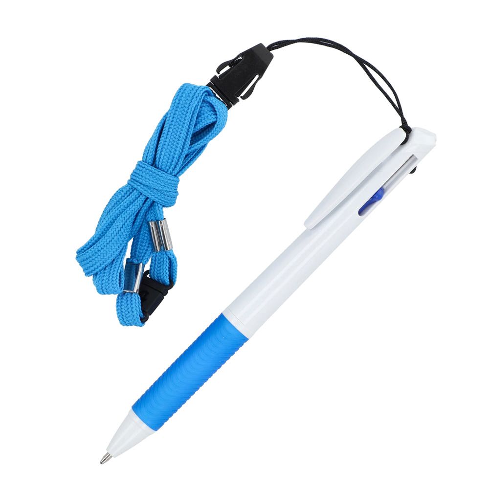 3-Farben-Stift mit Griffzone und Schlüsselband - Weiss / Blau