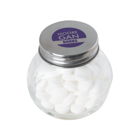 Bonbonglas mini mit ca. 40 g Pfefferminzbonbons, farbiger Deckel - silber