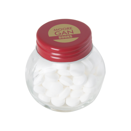 Bonbonglas mini mit ca. 40 g Pfefferminzbonbons, farbiger Deckel - rot