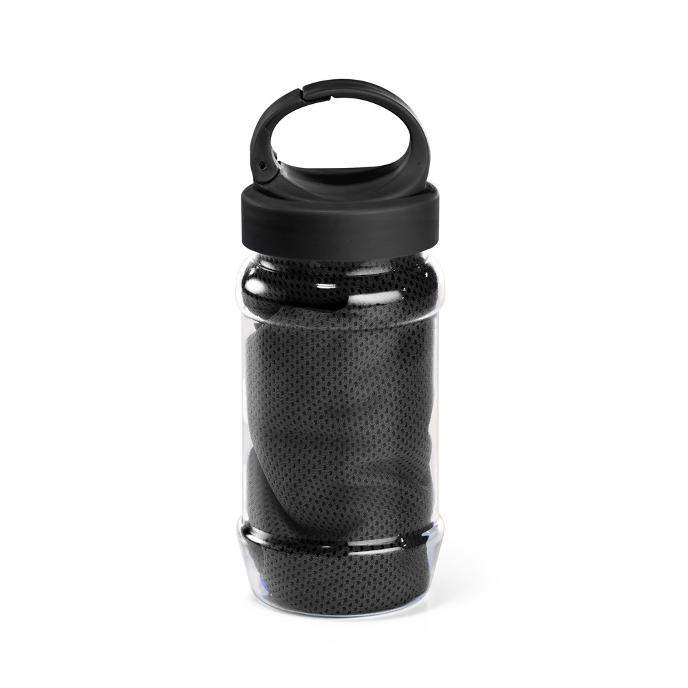ARTX PLUS. Sporthandtuch aus Polyamid und Polyester mit Flasche (440 mL) aus PP und PET und einem integrierten Karabinerhaken am Deckel - schwarz