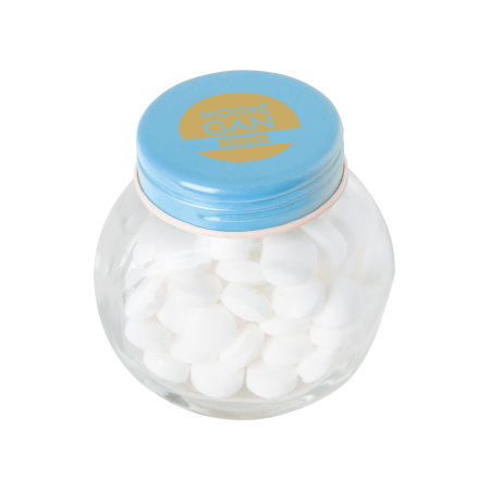 Bonbonglas mini mit ca. 40 g Pfefferminzbonbons, farbiger Deckel - hell blau