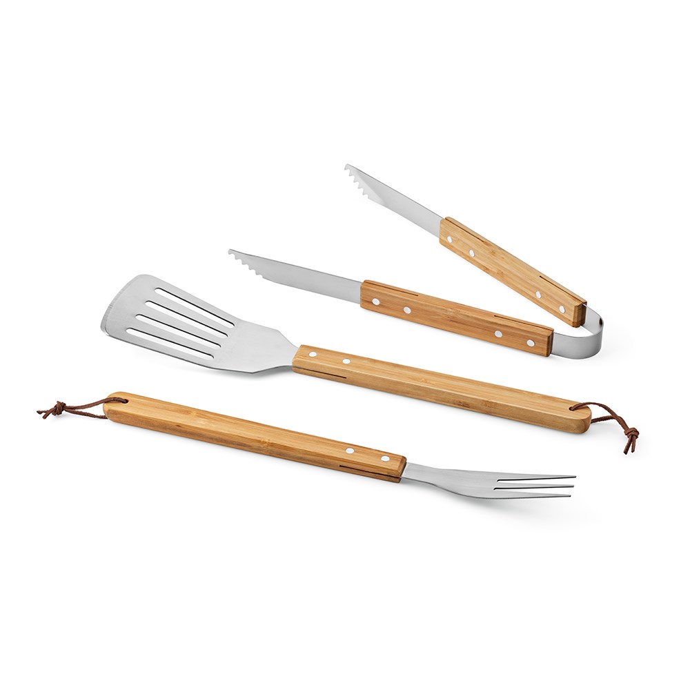 Turner Barbecue-Set aus Bambus. Mit Etui, Zange, Gabel und Spatel - Natur