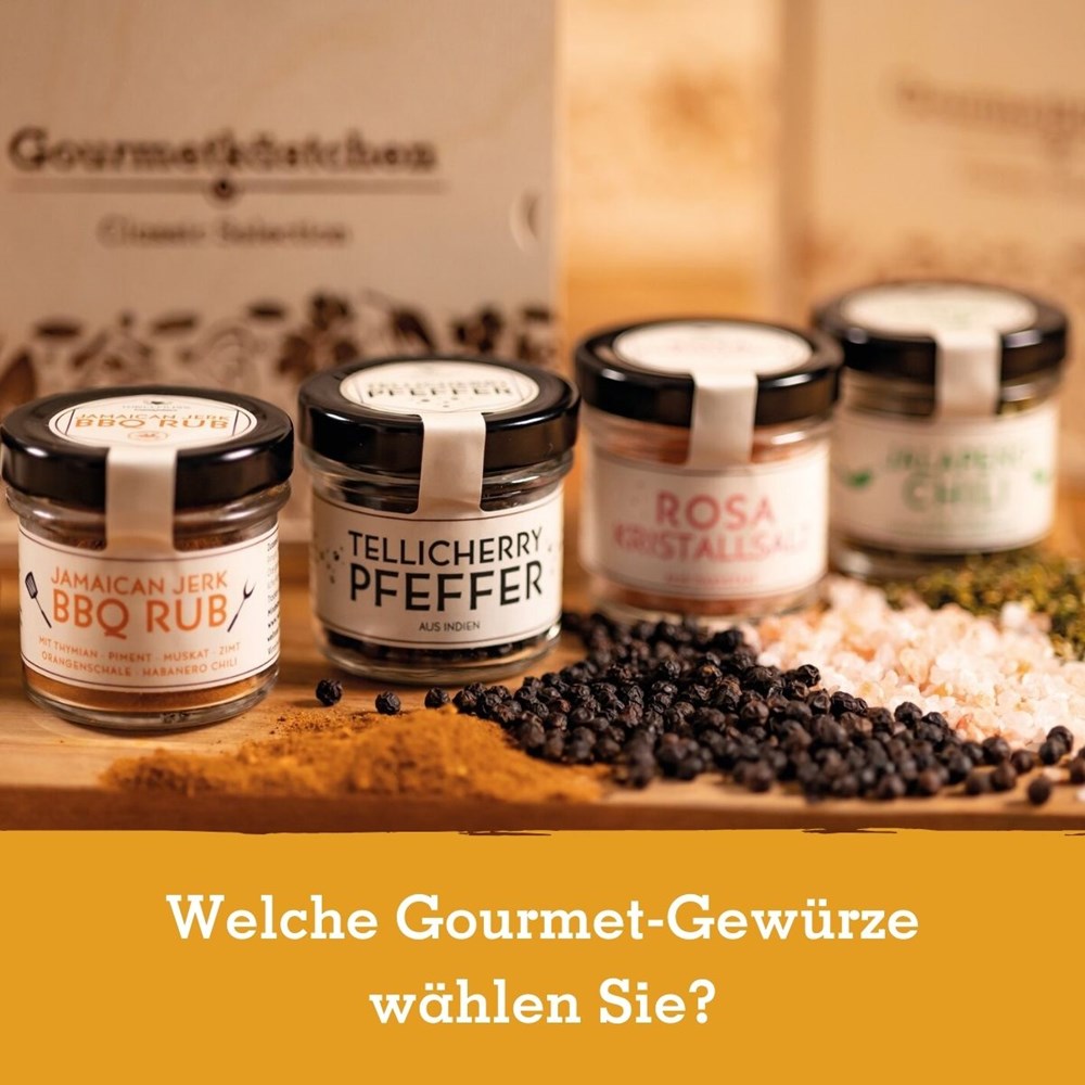 Gourmetkästchen mit 4 Gourmet Gewürzen im Glas