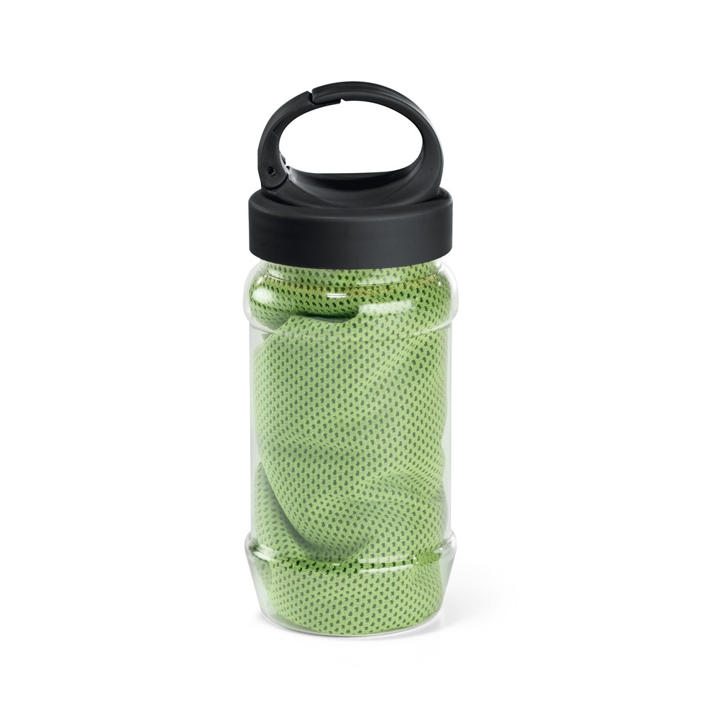 ARTX PLUS. Sporthandtuch aus Polyamid und Polyester mit Flasche (440 mL) aus PP und PET und einem integrierten Karabinerhaken am Deckel - Hellgrün