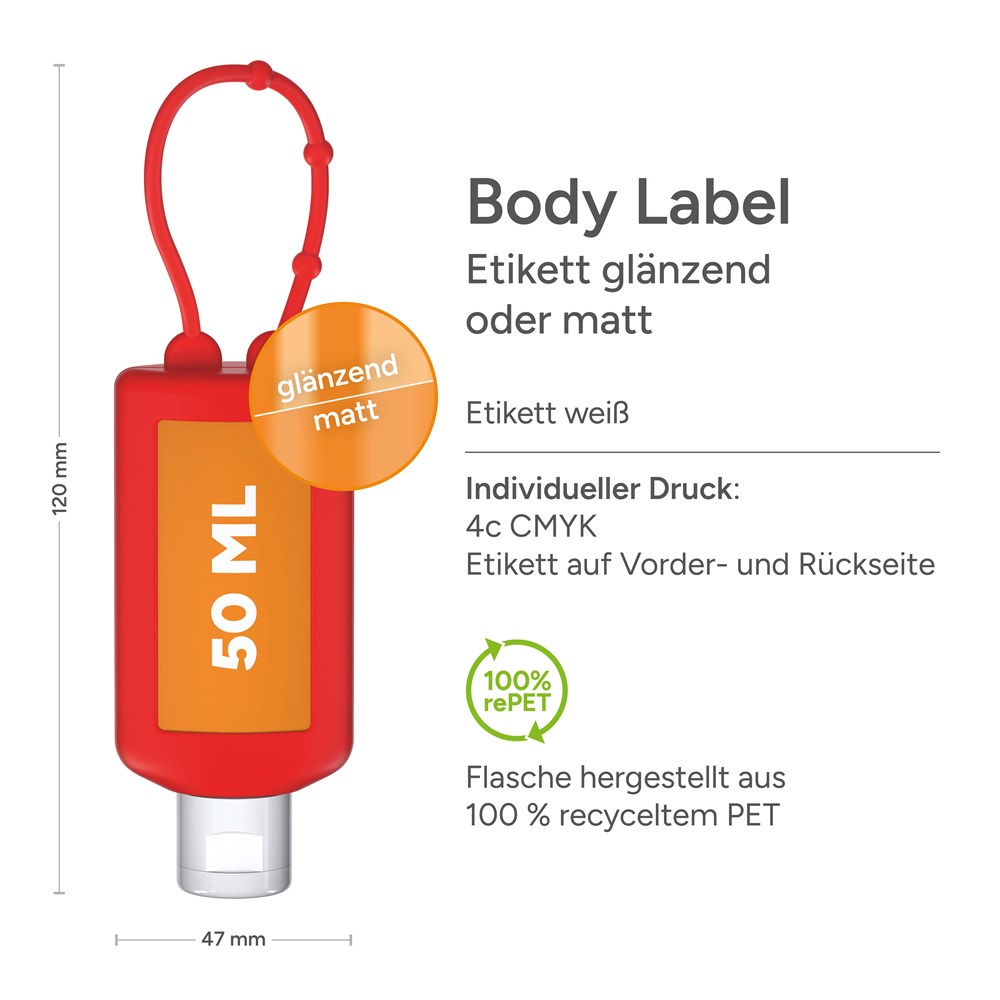 Sonnenmilch LSF 30 (sens.), 50 ml Bumper (rot), Body Label (R-PET)