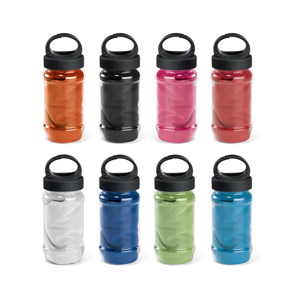 ARTX PLUS. Sporthandtuch aus Polyamid und Polyester mit Flasche (440 mL) aus PP und PET und einem integrierten Karabinerhaken am Deckel