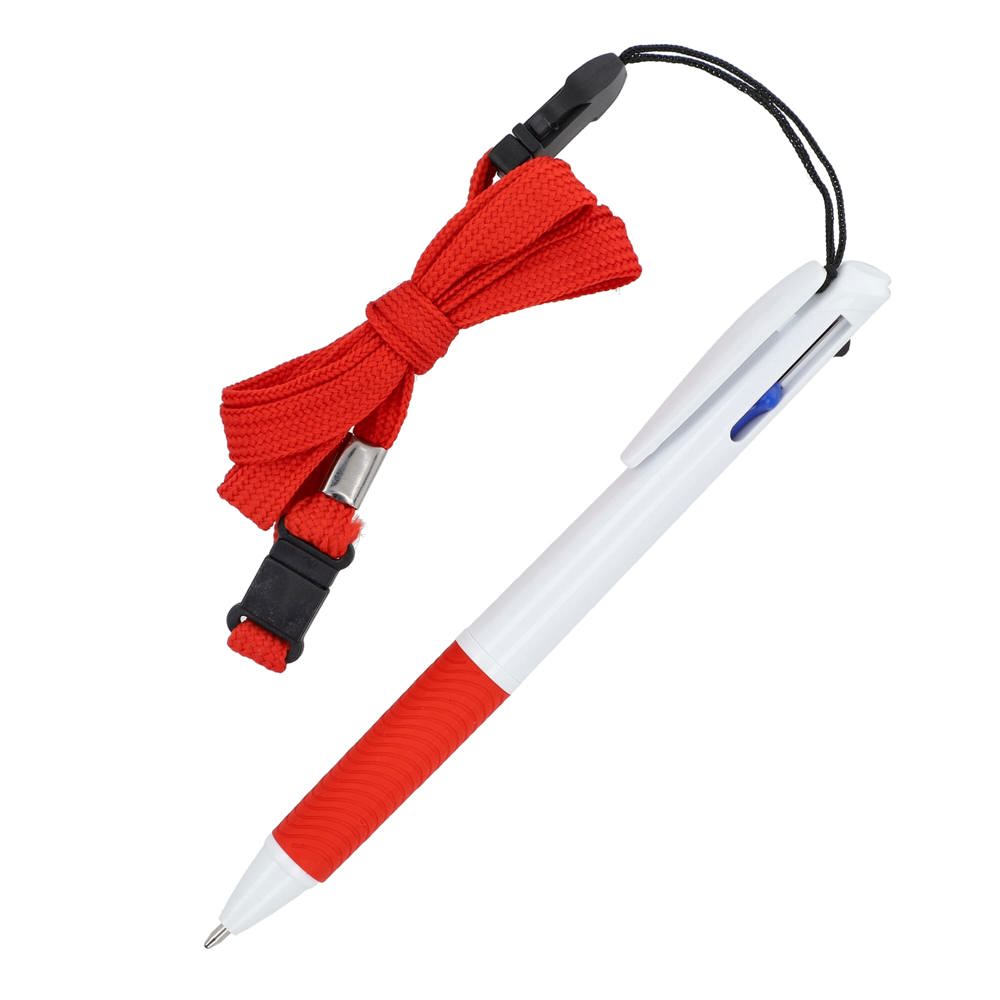 3-Farben-Stift mit Griffzone und Schlüsselband - Weiss / Rot