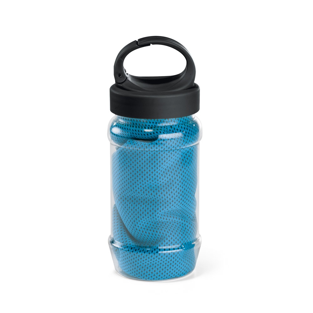 ARTX PLUS. Sporthandtuch aus Polyamid und Polyester mit Flasche (440 mL) aus PP und PET und einem integrierten Karabinerhaken am Deckel - hellblau