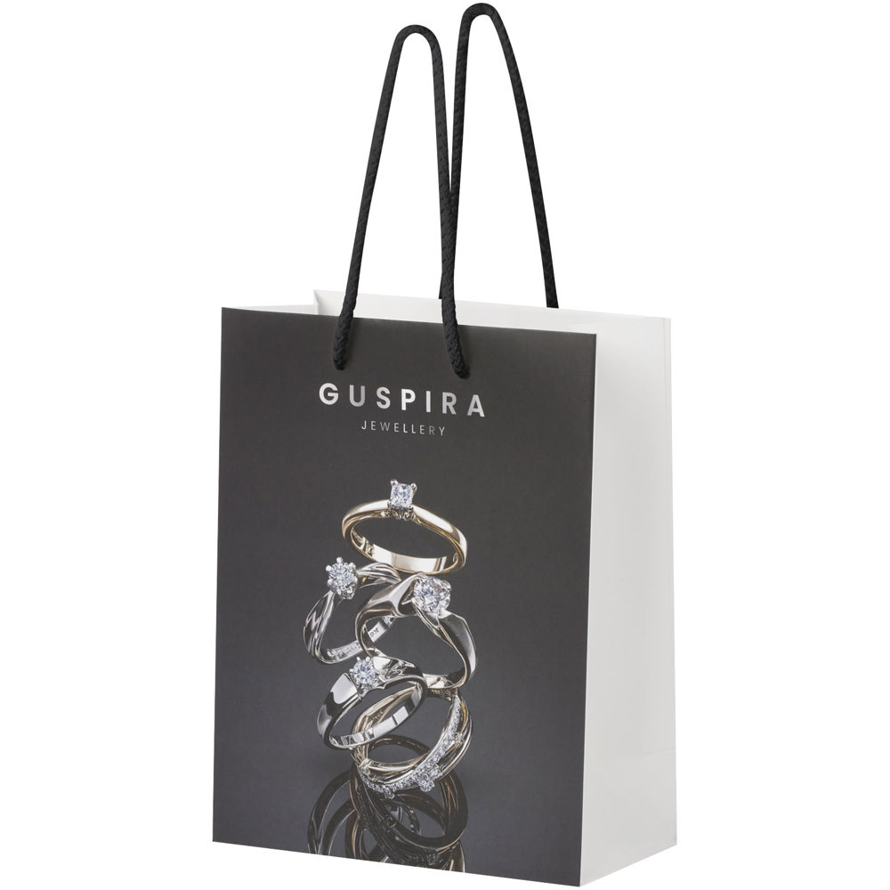 Handgefertigte 170 g/m² Integra-Papiertüte mit Kunststoff Kordelgriffen – 18 × 9 × 23 cm - weiss, schwarz